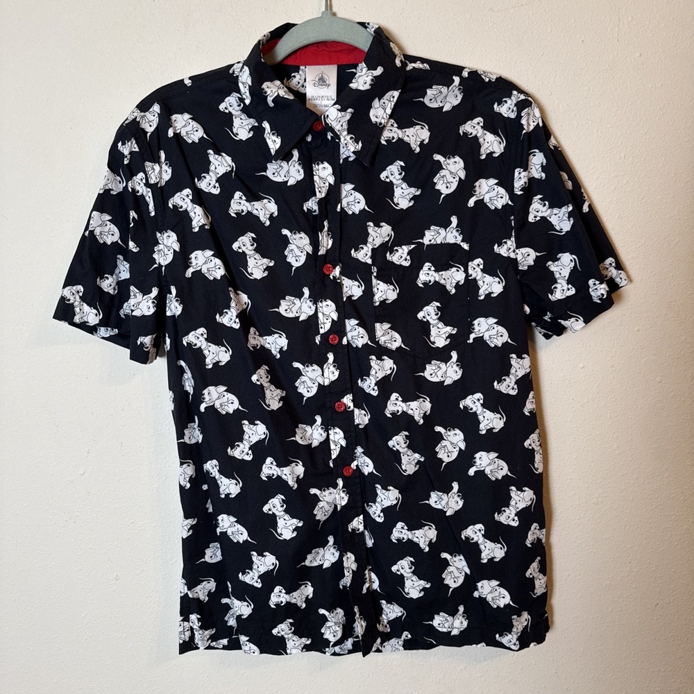 Disney Parks Adult Shirt Size Small in Black Button Front Dalmatian Puppies